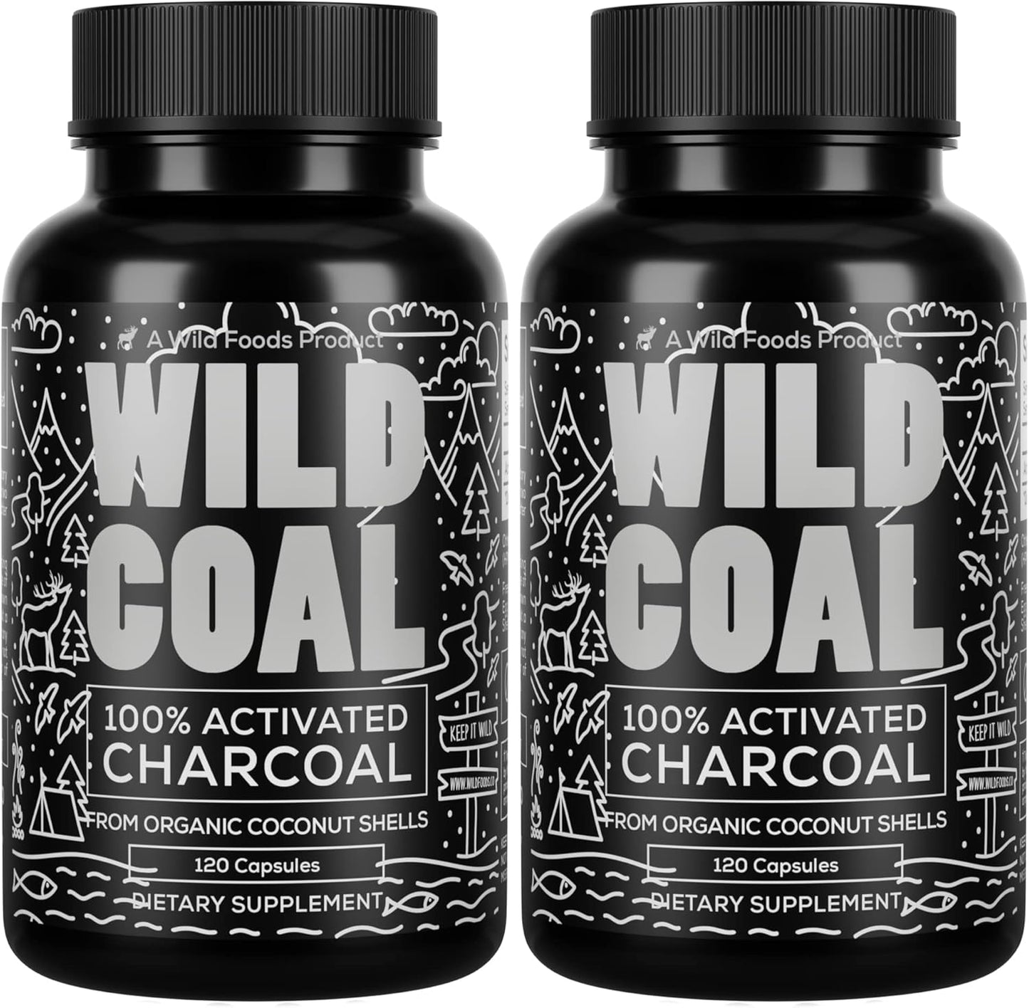 Wild Foods Activated Charcoal Capsules | 100% Organic Coconut Shells Active Tablets for Bloating Relief | Lab Tested & Non-GMO Detox Pills | USA (Two Bottles - 120 Capsules)
