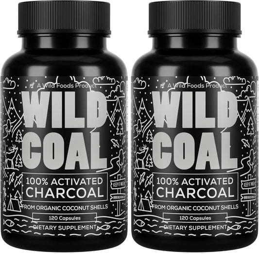 Wild Foods Activated Charcoal Capsules | 100% Organic Coconut Shells Active Tablets for Bloating Relief | Lab Tested & Non-GMO Detox Pills | USA (Two Bottles - 120 Capsules)