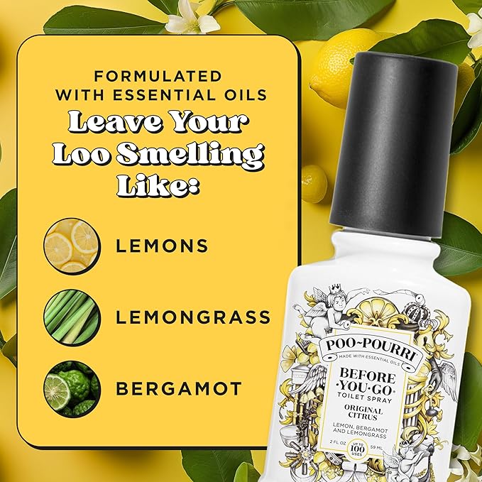 Poo-Pourri Before-You-Go Toilet Spray, Original Citrus, 2 Fl Oz, 2 Pack, Up to 100 Uses, Bathroom Odor Deodorizer with Essential Oils, Travel Essentials, TSA Approved Size, Lemon Bergamot