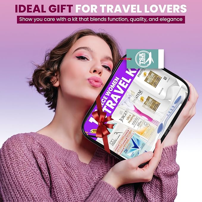 Trektote Toiletry Kit For Women, Featuring Top Brand Toiletries for Whole Body, TSA Compliant Travel Essentials with Shampoo, Conditioner, Lotion, Toiletry Bag & More, 15 Piece Set