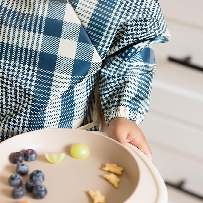 Tiny Twinkle Long Sleeve Bibs for Babies & Toddlers – 2 Pack Waterproof Smock Bibs for Eating – Machine Washable & Mess-Proof, Baby Feeding Essential & Shower Must-Have (Gingham Grid, 6-24M)