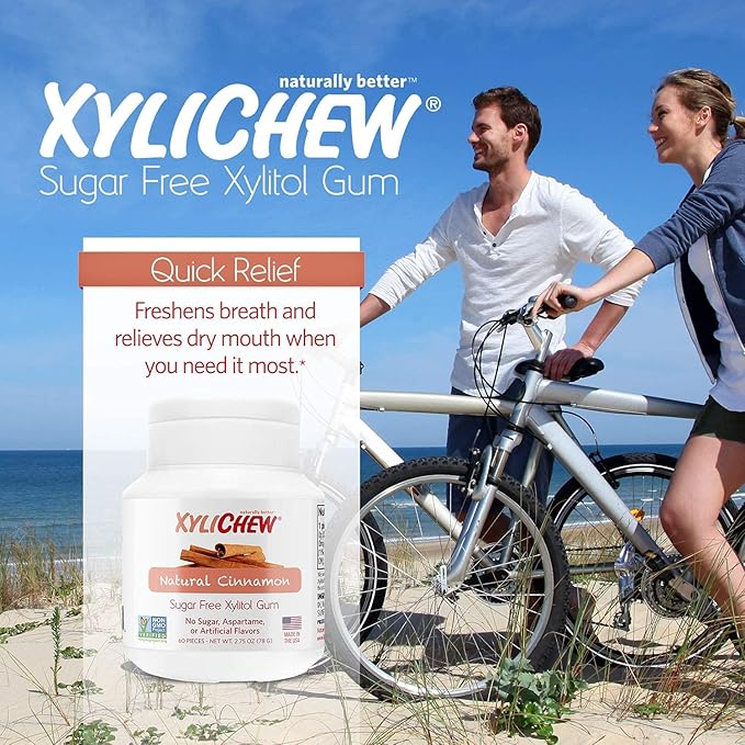 Xylichew 100% Xylitol Chewing Gum Jars - Non GMO, Gluten, Aspartame, and Sugar Free Gum - Natural Oral Care, Relieves Bad Breath and Dry Mouth - Cinnamon, 60 Count (Pack of 4)