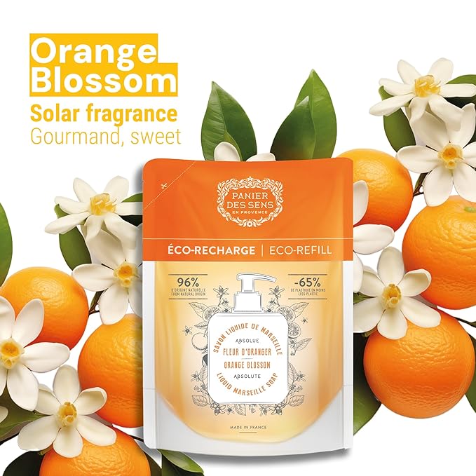 Panier des Sens - Liquid Hand Soap Refills – Orange Blossom Foaming Hand Soap Refill – French Coconut Oil Moisturizing Hand Wash - Kitchen & Bathroom Hand Wash- Soft Soap Refill 96% Natural - 34 Floz