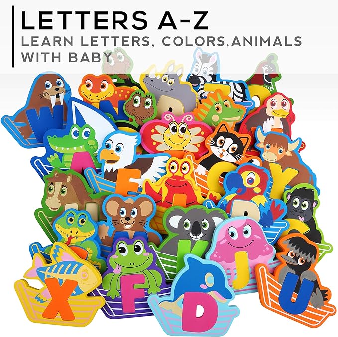 Bath Foam Alphabet Letters Toys - Non-Toxic Bathtub ABC Letters for Kids Toddlers - Premium Educational Floating Animals Puzzles with Toy Organizer for Baby Boys Girls - Set of 52 Pcs