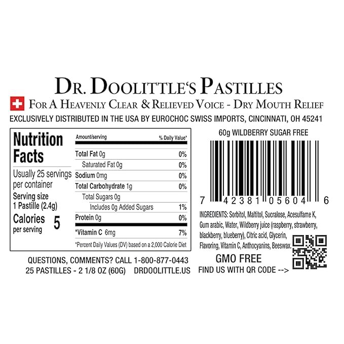 DOOLITTLE Dr Sugar Free Soft Fruit Pastilles for Voice and Throat, Wild Berries Flavor, Multipack of 2.12 Ounce Tin, 2 Pack and .33 Ounce Travel Size Bag, 10 Pack