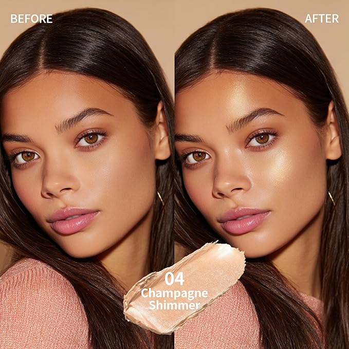 Highlighter Stick, Sheer Glow Cream Highlighter for Natural Radiant Skin, Blendable & Buildable Color, Non Caking, Long Lasting, SweatProof & Cruelty-Free, For All Skin Tones (04 Champagne Shimmer)