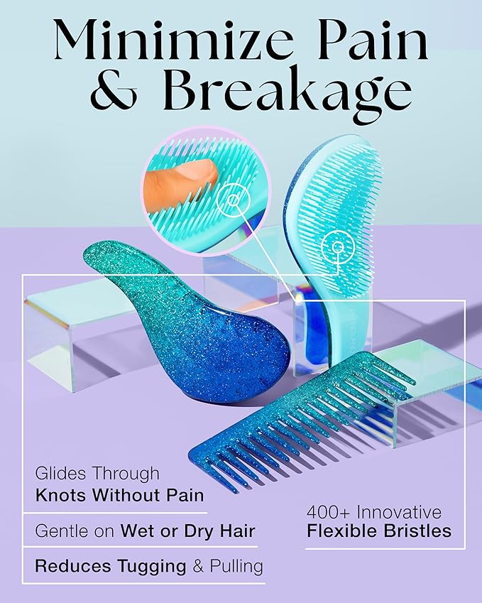 Detangler Brush & Wide Tooth Comb Hair Brush Gift Set - Ideal Gifts Under 10 Dollars for Womens Stocking Stuffers & Teenage Girls Gifts Ideas, Blue