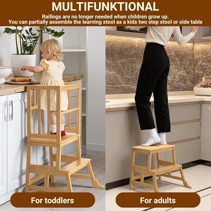 COSYLAND Kids Kitchen Step Stool，Toddler Standing Tower with CPC Certification, Removable Anti-Drop Railing Safety Rail Unique Patented Design Anti-tip Structure More Stable, 1.5-3 yrs Natural Bamboo