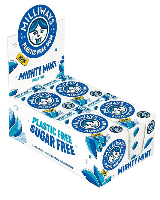 Milliways Mighty Mint | Plastic Free Gum | Xylitol, Aspartame-Free, Sugar-Free, Plant-Based, Natural Chewing Gum | 120 Pieces Total (12 Packs of 10 Pieces)