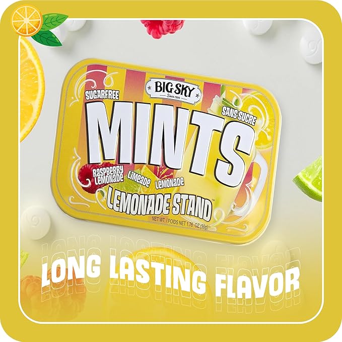 Big Sky Sugar Free Lemonade Stand Mints - 50 Count Tin (Pack of 6) | Kosher Certified, Vegan Candy | Aspartame & Gluten Free | Lemon Mint Flavored Sugar Free Mints for Travel, Sharing & Fresh Breath