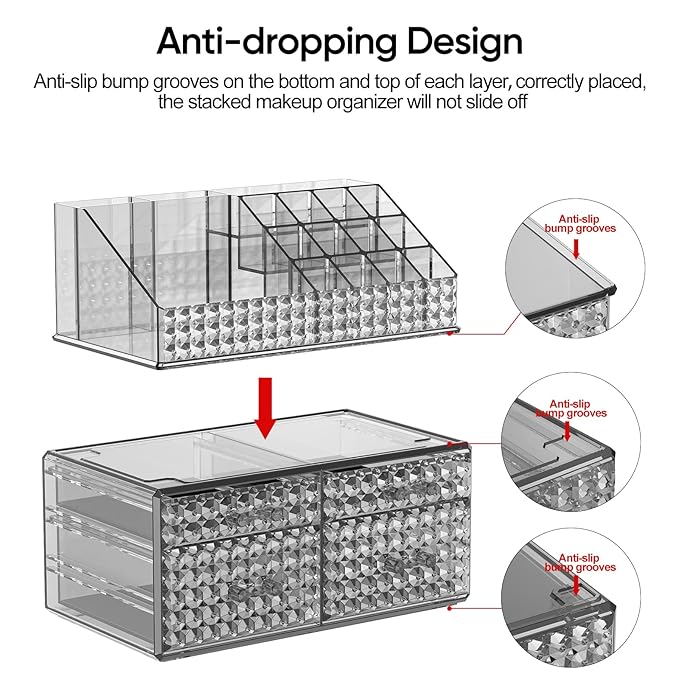 2 Pack Stackable Makeup Organizer with Drawers[Upgraded]-Acrylic Make up Organizers and Storage Case for Cosmetics,Brush,Perfume,Jewelry Display, Vanity and Bathroom Accessories