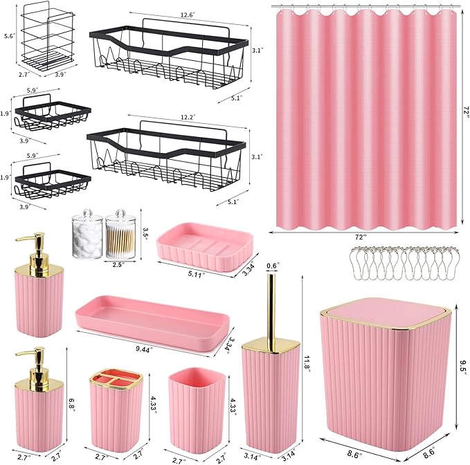 28PC Bathroom Set - Gorgeous Pink Bathroom Set, Bathroom Accessory Set, Pink Shower Curtain Set with 5PC Shower Caddy
