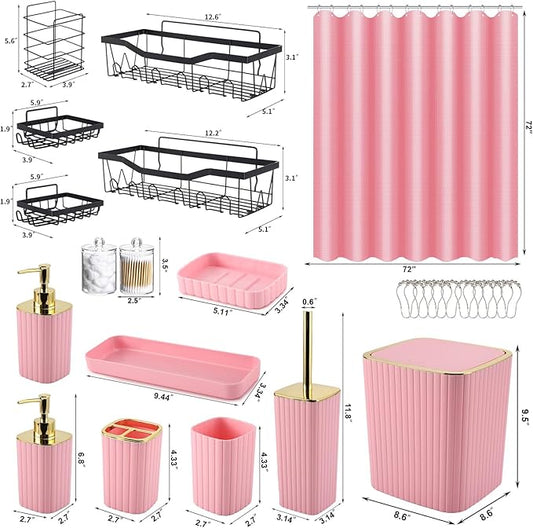 28PC Bathroom Set - Gorgeous Pink Bathroom Set, Bathroom Accessory Set, Pink Shower Curtain Set with 5PC Shower Caddy