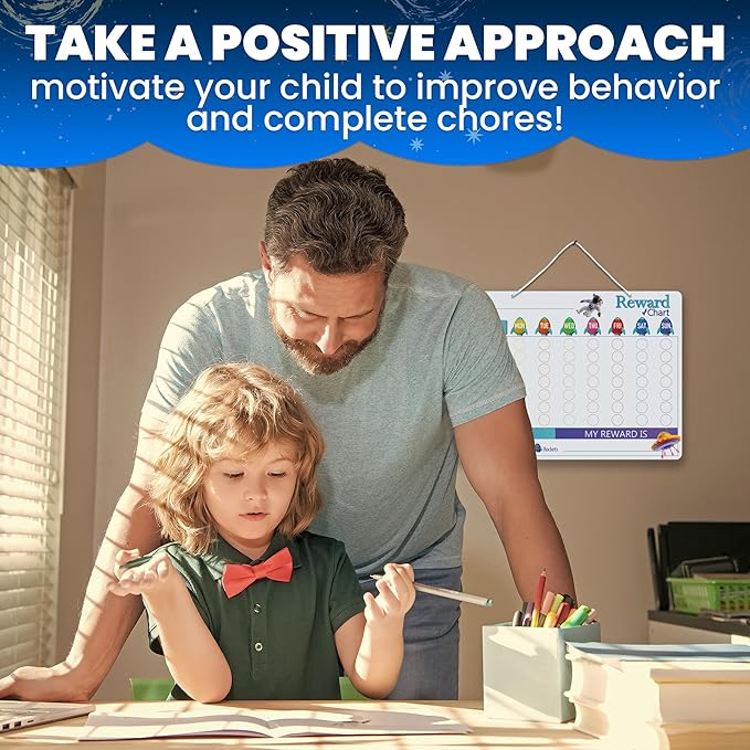 QUOKKA Magnetic Behavior Chore Chart for Kids at Home - Blue Reward Visual Schedule Chart - Dry and Erase Routine and Responsibility - Use 99 Magnets Markers Stickers - from Toddlers to Teens