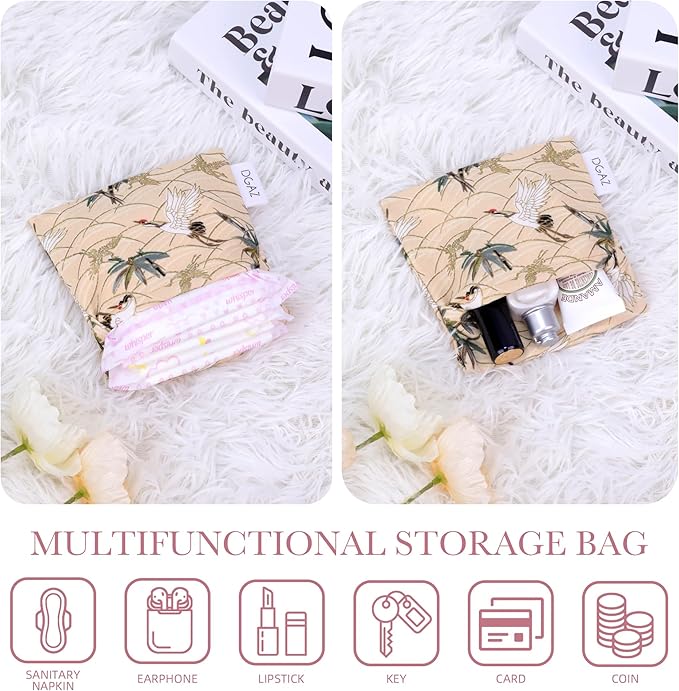 DGAZ Sanitary Napkin Storage Bag, Period Bag for Teen Aged Girls, Portable Period Bag for Panty Liners/Menstrual Cup/Small Tampons，Mini Makeup Bag for Purse(Fairy Crane)