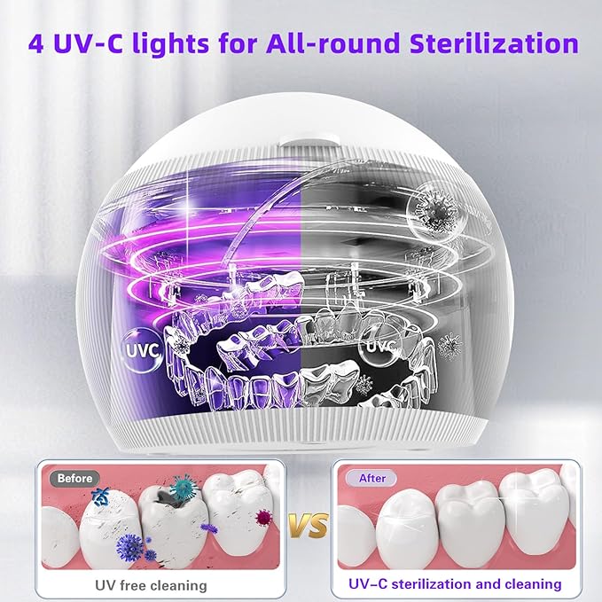 Voraiya Ultrasonic UV Cleaner for Dentures, Aligner, Retainer, Whitening Trays, Night Dental Mouth Guard, Toothbrush Head, Ultrasonic Jewelry Cleaner Machine for all dental Appliances, Diamon (White)