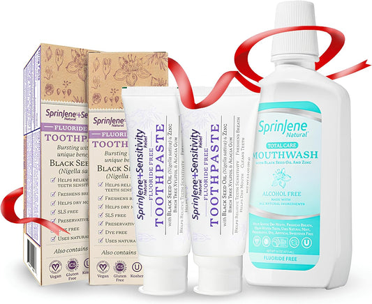 SprinJene Natural Sensitivity Relief, Fluoride Free Toothpaste for Sensitive Teeth (2 Pack) + Fluoride Free & Alcohol Free Mouthwash
