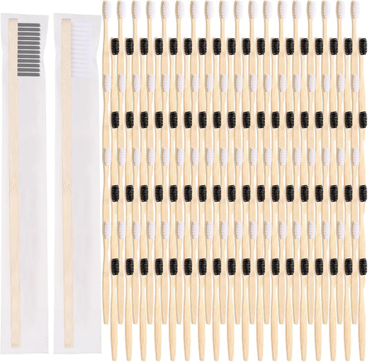 Vesici 100 Pcs Bamboo Toothbrushes Bulk Soft Bristles Toothbrushes with Micro Fur Ultra Wooden Bamboo Teeth Brushes Manual for Adults Travel Family Hotel Use Individually Packaged (Black,White)