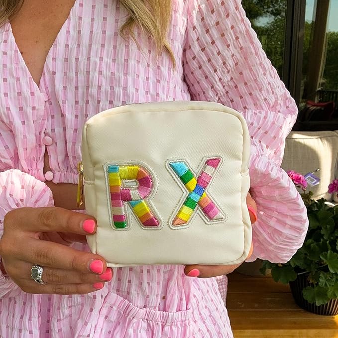 Small Nylon Rx Medicine Bag, Cute Waterproof Chenille Letter Patch Drug Makeup Bag with Metal Zipper, Pill Bag for Purse, Mini Travel First Aid Purse Organizer Machine Washable (08Beige RX)