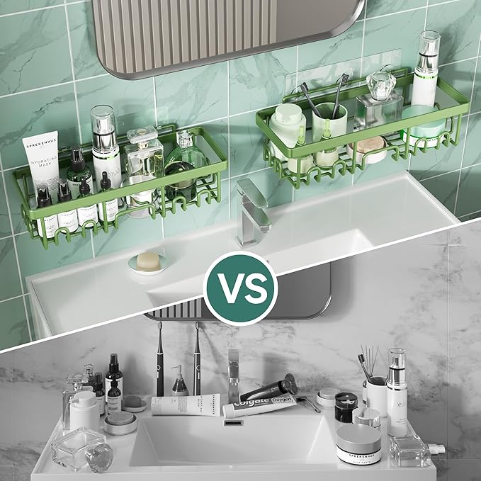 Veken Rustproof & Waterproof Shower Caddy 6-Pack, No Drilling Adhesive Shelves Rack with Soap Holder, Large Capacity Bathroom Organizers and Storage, Wall-Mounted Kitchen & Home Decor, Green