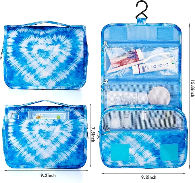 Tie Dye Hanging Toiletry Bag for Girls, Travel Toiletry Bag for Teen Girls Cosmetic Makeup Waterproof Wash Bag Traveling Toiletries, Blue Heart