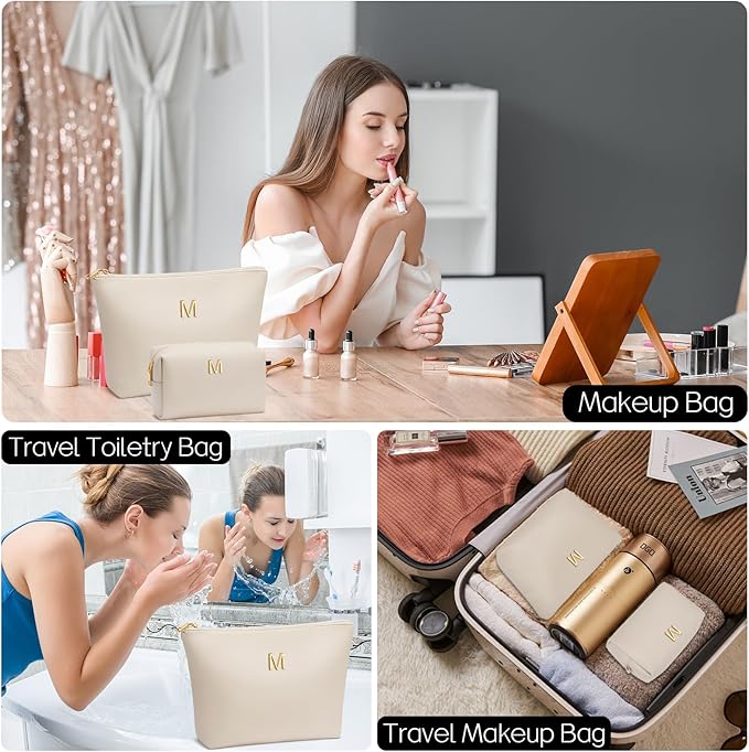 Women Gifts | Initial Makeup Bag Set for Girl Personalized Gifts for Bridesmaid Friend Graduation Teachers PU Leather Cosmetic Travel Toiletry Bag(Beige,M)