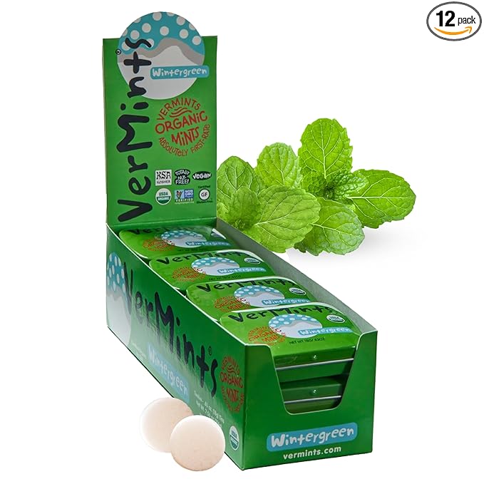 VerMints Organic Breath Mints Wintergreen - Real Long-Lasting Refreshment, Travel Size Tin - Non-GMO, Vegan, Nut Free, Gluten Free & Kosher Organic Candy Mints- .63oz/18g Tins (Pack of 12)