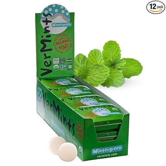 VerMints Organic Breath Mints Wintergreen - Real Long-Lasting Refreshment, Travel Size Tin - Non-GMO, Vegan, Nut Free, Gluten Free & Kosher Organic Candy Mints- .63oz/18g Tins (Pack of 12)