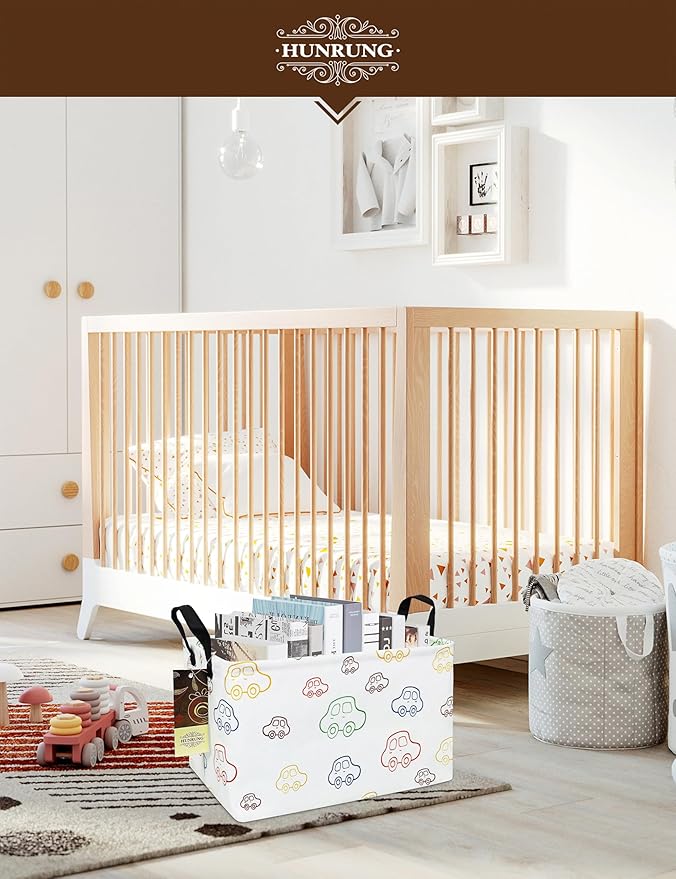 HUNRUNG Rectangle Storage Basket Cute Canvas Organizer Bin for Pet/Children Toys, Books, Clothes Perfect for Rooms/Playroom(REC-Car)