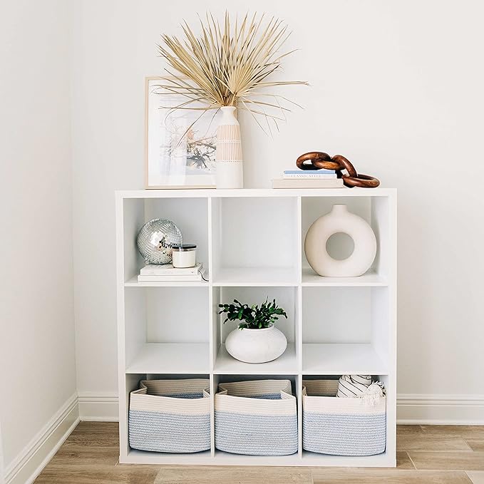 OrganiHaus Set of 3 Woven Storage Baskets for Shelves, Decorative Organizer Bins for Closet & Bathroom, Multipurpose Home Organization Baskets, Toy Storage Basket - Blue/Off-White, 15x9x10 inches