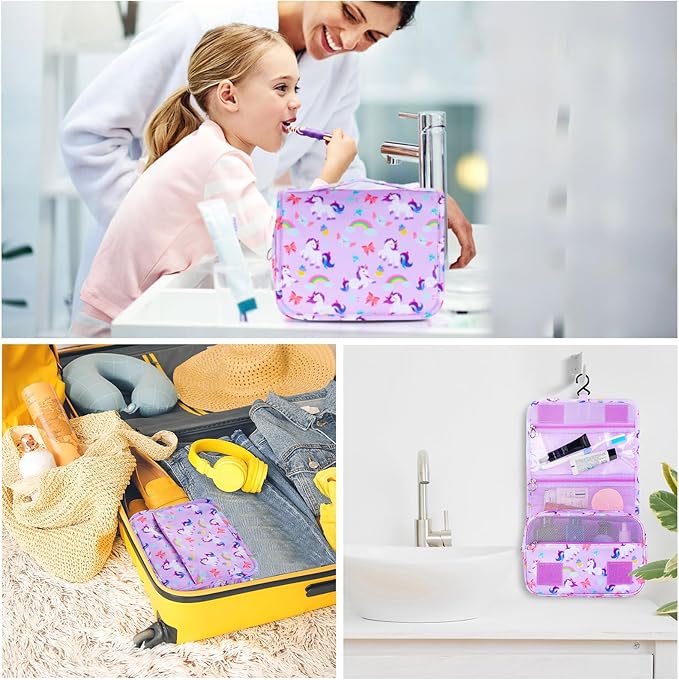 Kids Hanging Toiletry Bag for Girls, Travel Toiletry Bag for Little Young Girls Cosmetic Makeup Waterproof Wash Bag Toddler Traveling Toiletries, Unicorn Purple