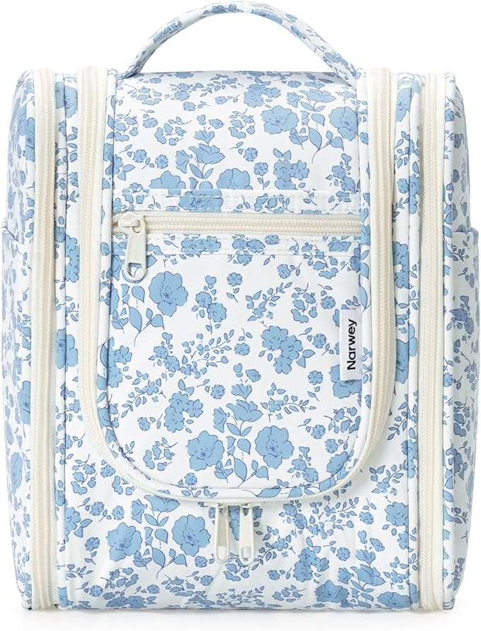Narwey Hanging Toiletry Bag Women Travel Makeup Bag Organizer Toiletries Bag for Travel Size Essentials Accessories Cosmetics (Medium,Little Blue Flower)