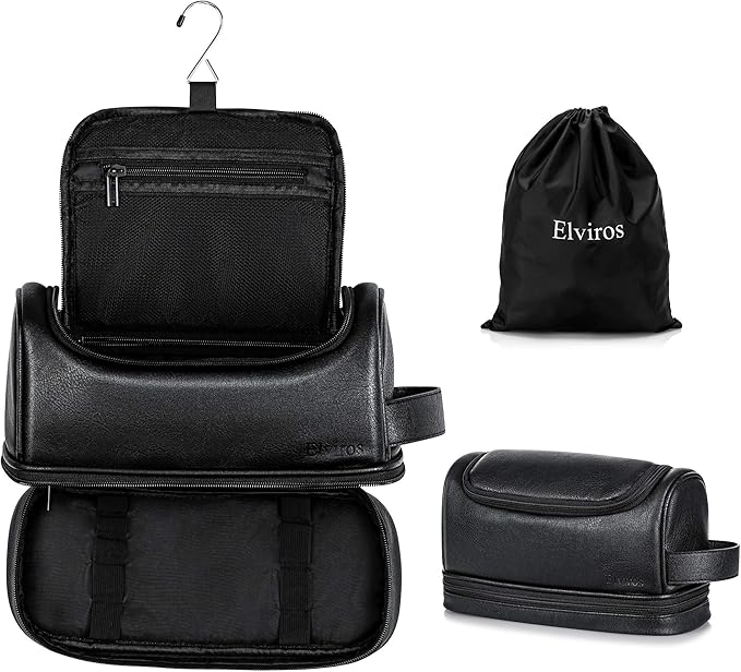 Elviros Toiletry Bag for Mens PU Leather Travel Organizer Kit with Hanging hook, Large Water-resistant Toiletries Bathroom Shaving Bags(Extra Large, Black)