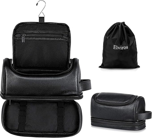 Elviros Toiletry Bag for Mens PU Leather Travel Organizer Kit with Hanging hook, Large Water-resistant Toiletries Bathroom Shaving Bags(Extra Large, Black)
