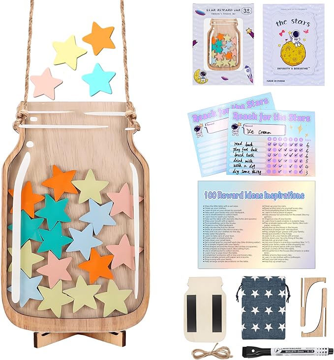 Magnetic Reward Jar, Star Reward Jar Set for Kids Potty Training Reward Jar System for Classroom, Magnetic Reward Jar for Classroom Board Behavior Management Home Reward Jar (Natural Wood)