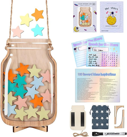 Magnetic Reward Jar, Star Reward Jar Set for Kids Potty Training Reward Jar System for Classroom, Magnetic Reward Jar for Classroom Board Behavior Management Home Reward Jar (Natural Wood)
