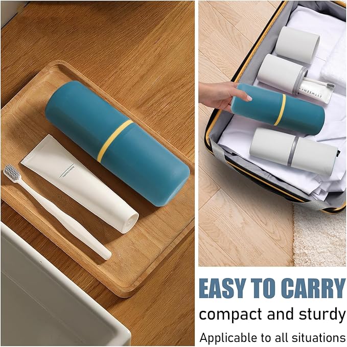 Huakaile 2 Pack Plastic Travel Toothbrush Holder, Portable Toothbrush Cup with Cover, Toothbrush Case Box Toothpaste Container for Storage Organizer Bathroom Camping (Dark Green, Blue)