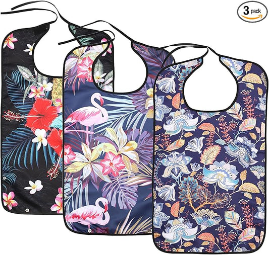3 Pack Adult Bibs for Women, Adult Bibs for Special Needs Adults, Waterproof Leakproof Clothing Protector, Washable & Dryable Large Bib