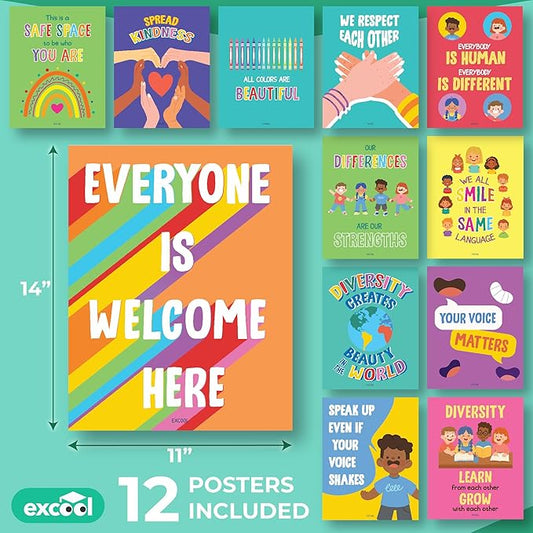 EXCOOL CLUB Diversity Posters For Classroom - Everyone Is Welcome Here Multicultural Decorations, Kindness Quotes Motivational Poster For Elementary Middle School, Inclusion Teacher Must Haves