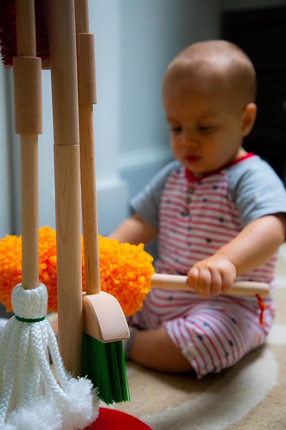 JustForKids Wooden Detachable Kids Cleaning Set - Duster, Brush, Mop, Broom and Hanging Stand Play - Housekeeping Kit - STEM Toys for Toddlers Girls & Boys, Total 6 Pieces,Multi Color,10071