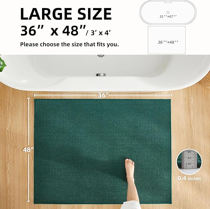 Large Bathroom Rugs Non Slip Washable Bath Rugs Super Absorbent Bathroom Rug Thin Quick Dry Low Pile Bath Mats, Dark Green 36"x48"