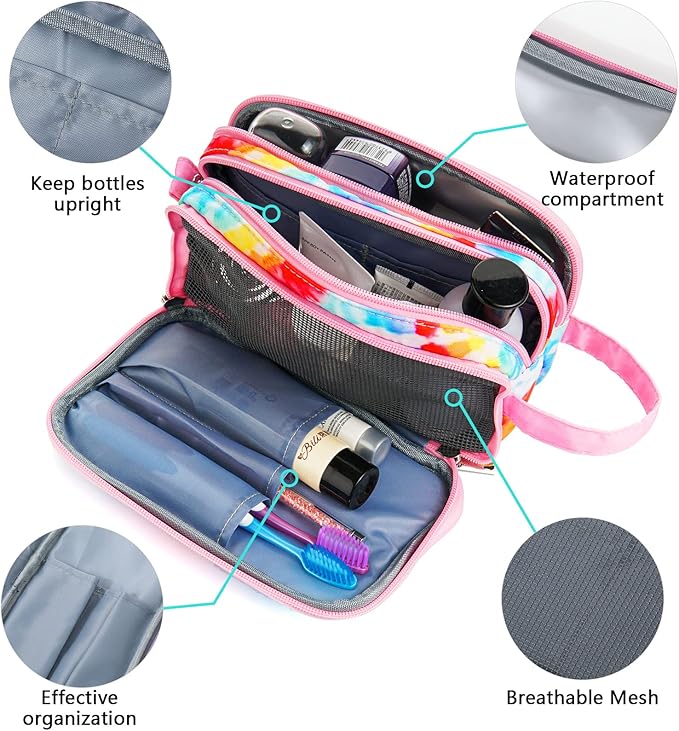 Kids Toiletry Bag for Girls, Travel Toiletry Bag for Little Young Girls Cosmetic Bag Makeup Bag Waterproof Hanging Wash Bag Toddler Toiletries, Tie Dye Pink