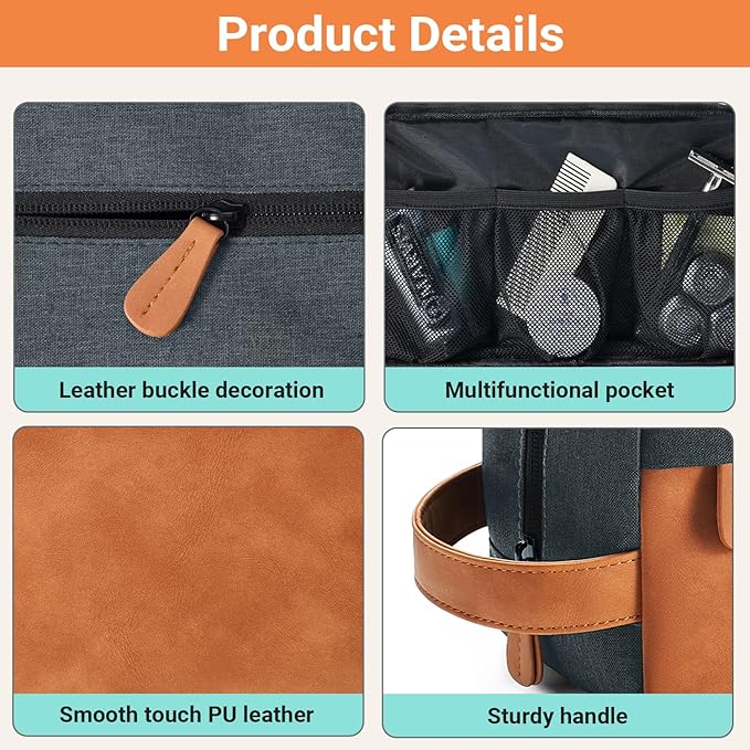 Elviros Travel Toiletry Bag for Men, Hanging Toiletries Bag Water Repellent Dopp Kit PU Leather Travel Bag for Toiletries Accessories, Navy Blue