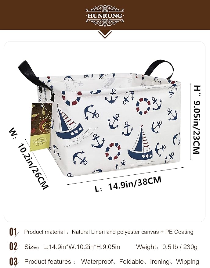 HUNRUNG Rectangle Storage Basket Cute Canvas Organizer Bin for Pet/Children Toys, Books, Clothes Perfect for Rooms/Playroom(REC-Blue anchor)