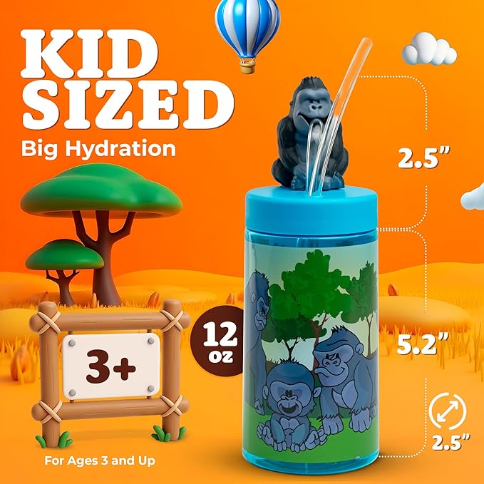 Kids Water Bottle, Toddler Cups, Tumbler with Lid and Straw, Travel Sippy Cup for Water or Milk, Kids Cups with Lids for Toddlers 3 and Up, BPA Free Plastic, 12 oz (Zoo Silverback Gorilla)
