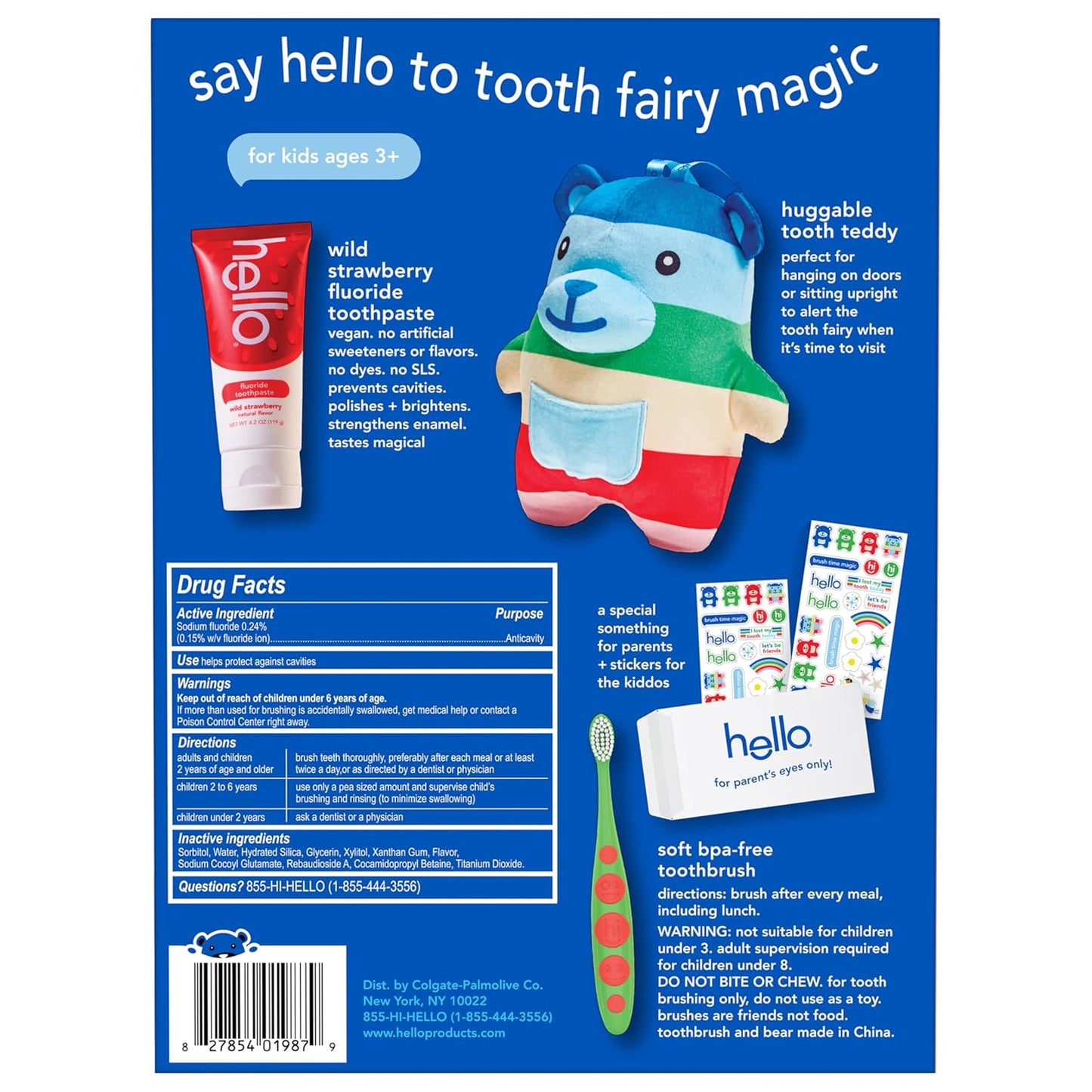 hello Tooth Fairy Kit with Tooth Fairy Door Hanger and Teddy Bear, Includes Full Size Fluoride Kids Strawberry Toothpaste and Kids Toothbrush, for Children Ages 3 and Up