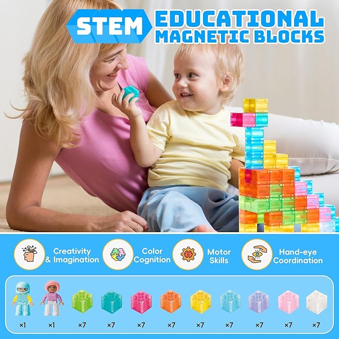 VigorFun Magnetic Blocks Set, Magnet Building Blocks with Toy Figurine and Storage Bag for Kids Gifts, STEM Educational Preschool Sensory Toys for Toddlers Boys Girls Ages 3-12(Transparent)