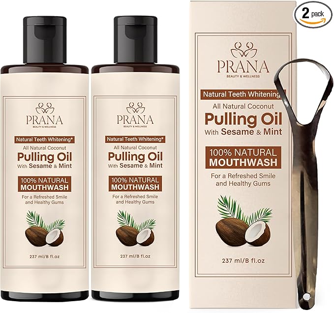 PRANA Coconut Pulling Oil Mouthwash with Tongue Scraper- Ayurvedic Oils for Clean Rinse with Coconut Oil & Clove & improving Teeth & Gum Health - Teeth Pulling Oil Keeps Your Mouth Refreshed- (2 Pack)