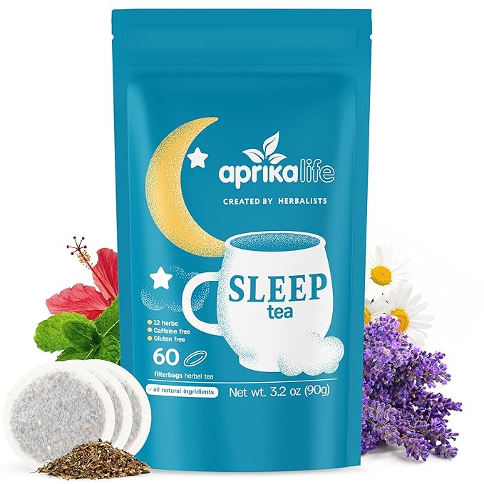 Aprika Life Sleep Tea for Bedtime Relaxation & Stress Relief – Natural Caffeine-Free Herbal Nighttime Tea with Chamomile, Lavender, Mint & Hibiscus – No Melatonin Sleep Aid – Relaxing Tea Bags 60 Pack