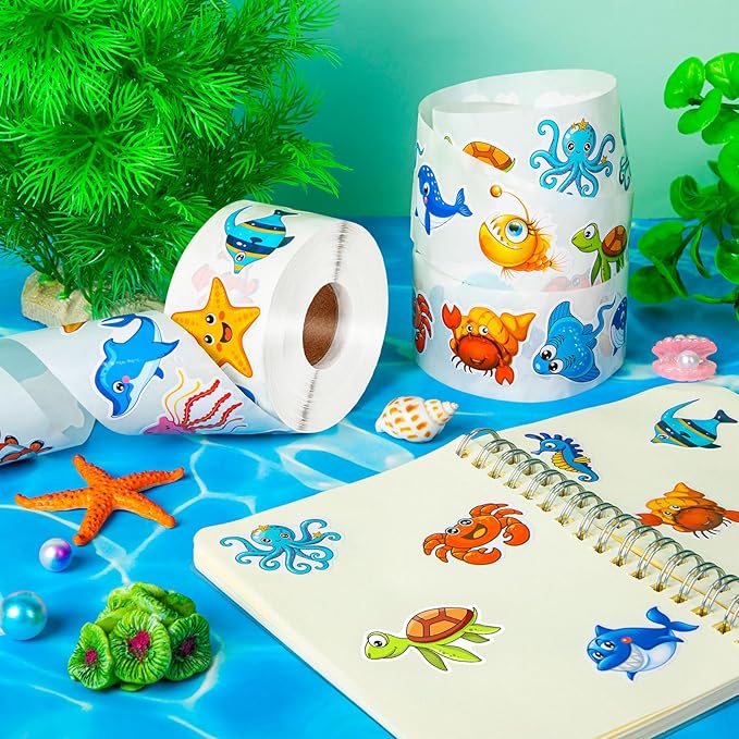 1200 Pcs Ocean Animal Stickers Roll Sea Animal Stickers for Kids Cute Roll Sticker Cartoon Fish Sticker Deals Sea Creature Labels for Teacher Reward School Supplies Incentives (16 Styles)